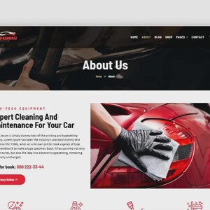 K&ouml;nnte beinhalten: Webdesign f&uuml;r einen Autowaschservice. Der Header enth&auml;lt das Firmenlogo und Navigationslinks. Der Hauptinhalt zeigt den Text "About Us" und "Expert Cleaning And Maintenance For Your Car." Eine Hand in einem schwarzen Handschuh wischt ein rotes Auto ab.