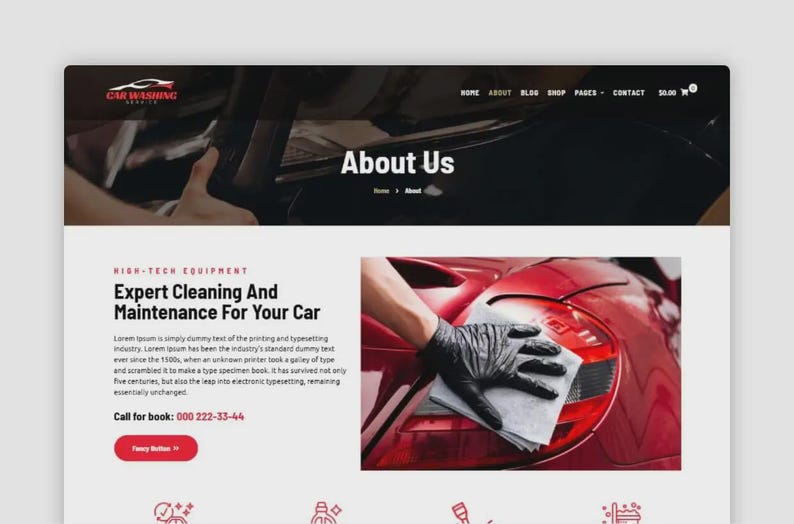 K&ouml;nnte beinhalten: Webdesign f&uuml;r einen Autowaschservice. Der Header enth&auml;lt das Firmenlogo und Navigationslinks. Der Hauptinhalt zeigt den Text "About Us" und "Expert Cleaning And Maintenance For Your Car." Eine Hand in einem schwarzen Handschuh wischt ein rotes Auto ab.