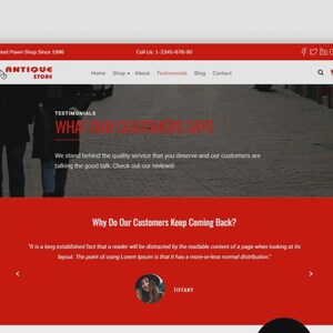 May include: A website screenshot with a red and white colour scheme. The site is for an antique store and includes sections for testimonials and contact details. The top banner displays social media icons and a phone number.
