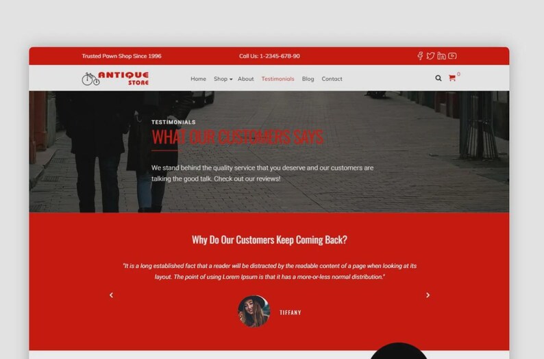 May include: A website screenshot with a red and white colour scheme. The site is for an antique store and includes sections for testimonials and contact details. The top banner displays social media icons and a phone number.