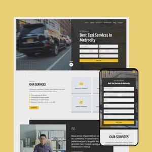 Puede incluir: Diseño de sitio web para un servicio de taxi, con vista de escritorio y móvil. La versión de escritorio muestra una imagen borrosa de un coche negro en una calle de la ciudad. El texto dice "Best Taxi Services In Metrocity" y "Our Services."
