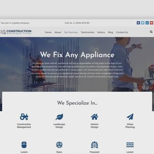 May include: Screenshot of a website for a construction and appliance repair company. The header includes the company name, contact information, and social media icons. The main section features the text "We Fix Any Appliance" and lists services like construction management and landscape design.