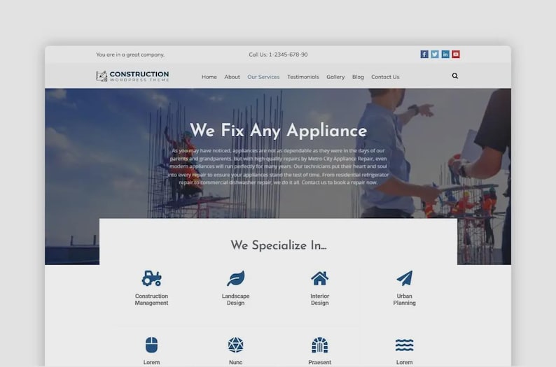 May include: Screenshot of a website for a construction and appliance repair company. The header includes the company name, contact information, and social media icons. The main section features the text "We Fix Any Appliance" and lists services like construction management and landscape design.