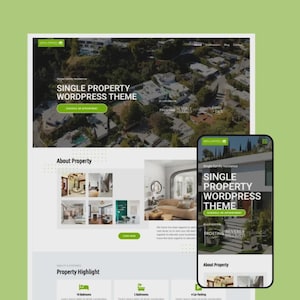 Może przedstawiać: Makieta projektu strony internetowej z zielono-białym motywem. Projekt zawiera tekst "SINGLE PROPERTY WORDPRESS THEME" zarówno na ekranie komputera, jak i smartfona. Strona prezentuje najważniejsze cechy nieruchomości i zdjęcia z aranżacji wnętrz.