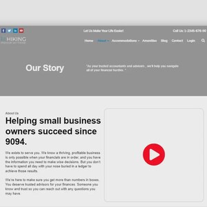 May include: Screenshot of a website for Hiking, a financial services company. The page features the text "Our Story" and "Helping small business owners succeed since 9094." A red play button is visible.