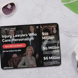 May include: A tablet displays a website for an injury lawyer, with the text "Injury Lawyers Who Care, Personally&reg;". Sunglasses and headphones are also visible. The website highlights case results, including $10 million and $9 million settlements.