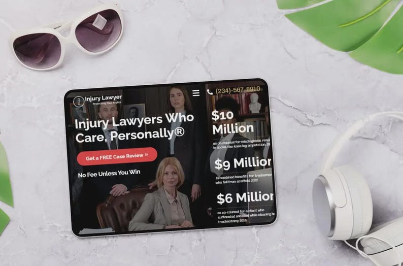 May include: A tablet displays a website for an injury lawyer, with the text "Injury Lawyers Who Care, Personally&reg;". Sunglasses and headphones are also visible. The website highlights case results, including $10 million and $9 million settlements.