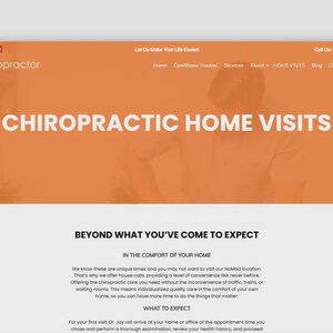 Puede incluir: Dise&ntilde;o de sitio web con encabezado naranja y fondo blanco. El encabezado incluye la palabra "chiropractor" y el texto "CHIROPRACTIC HOME VISITS". El sitio web promociona servicios quiropr&aacute;cticos a domicilio.