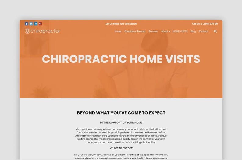 Puede incluir: Dise&ntilde;o de sitio web con encabezado naranja y fondo blanco. El encabezado incluye la palabra "chiropractor" y el texto "CHIROPRACTIC HOME VISITS". El sitio web promociona servicios quiropr&aacute;cticos a domicilio.