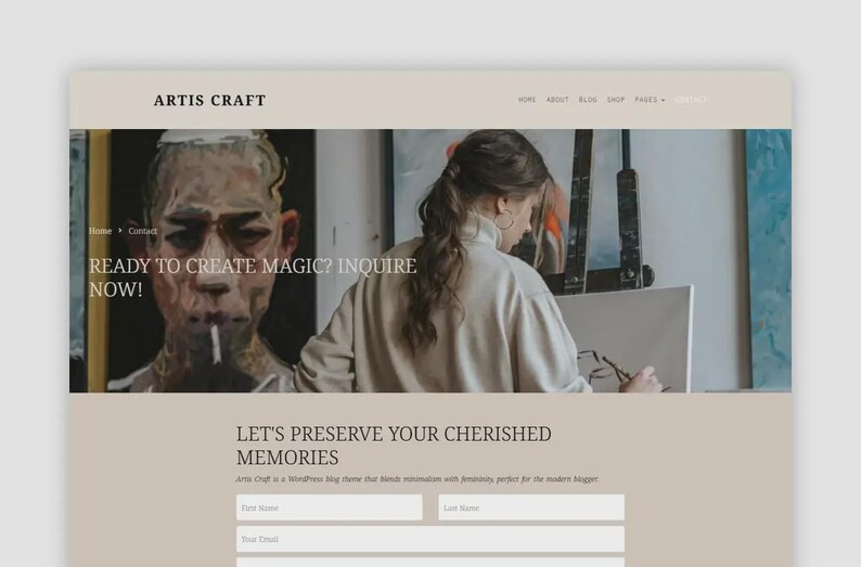 Puede incluir: Maqueta de sitio web con el texto "ARTIS CRAFT" en la parte superior y enlaces de navegaci&oacute;n. La imagen principal muestra a una persona pintando. El texto en la p&aacute;gina dice "READY TO CREATE MAGIC? INQUIRE NOW!" y "LET'S PRESERVE YOUR CHERISHED MEMORIES."