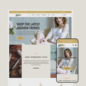 Puede incluir: Un sitio web y un teléfono inteligente muestran un sitio de comercio electrónico de moda. La página principal del sitio web presenta el texto "SHOP THE LATEST FASHION TRENDS" y una imagen de una mujer. El teléfono inteligente muestra un diseño similar.