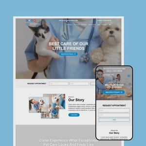 Może przedstawiać: Projekt strony internetowej dla kliniki weterynaryjnej, z widokiem na komputer i telefon komórkowy. Widok na komputerze pokazuje kota i psa z tekstem "BEST CARE OF OUR LITTLE FRIENDS". Widok mobilny wyświetla ten sam tekst i formularz.