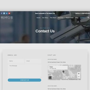 May include: A website contact page for a security company. The page features a dark blue header with the company logo and social media icons. The main section includes a contact form and a map with location details.