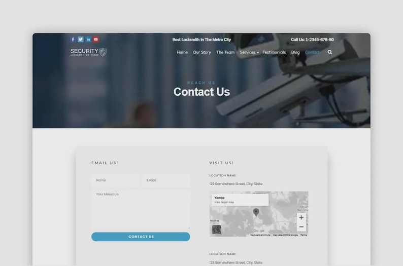May include: A website contact page for a security company. The page features a dark blue header with the company logo and social media icons. The main section includes a contact form and a map with location details.