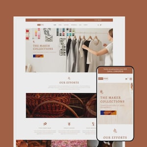 Könnte beinhalten: Ein Website-Design in warmen Farbtönen, dargestellt auf einem Desktop und einem Mobilgerät. Die Desktop-Ansicht zeigt eine Kleiderstange mit Kleidungsstücken. Die mobile Ansicht spiegelt den Inhalt wider. Das Thema der Website ist "The Maker Collections."