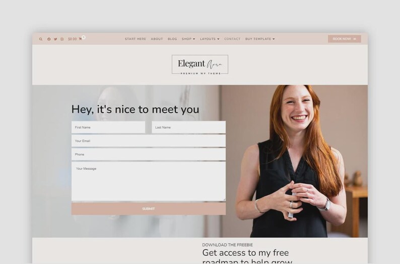 Op de afbeelding: Een website bestemmingspagina met een formulier en de tekst "Hey, it's nice to meet you." Het logo van de website luidt "Elegant Aura." Een vrouw met rood haar glimlacht rechts van het formulier. De pagina heeft een neutraal kleurenschema.