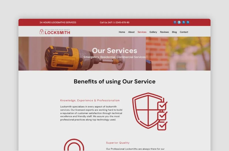Op de afbeelding: Website-ontwerp voor een slotenmakersbedrijf, met een rood-wit kleurenschema. De header bevat de bedrijfsnaam en contactgegevens. De hoofdafbeelding toont een boor en de tekst "Onze diensten". De site belicht nood-, residenti&euml;le en commerci&euml;le diensten.