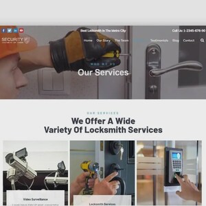 May include: Website screenshot for a locksmith service. The top banner features a person wearing an orange hard hat and a gloved hand using a screwdriver. The text reads "Our Services" and "We Offer A Wide Variety Of Locksmith Services."