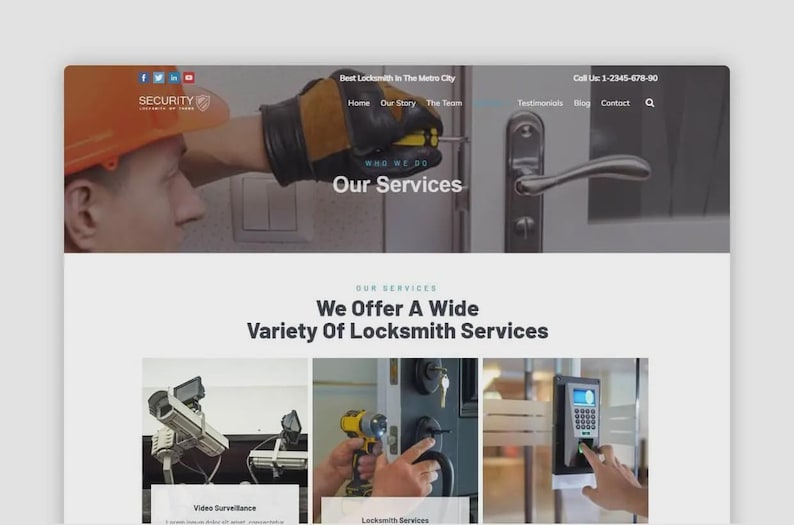 May include: Website screenshot for a locksmith service. The top banner features a person wearing an orange hard hat and a gloved hand using a screwdriver. The text reads "Our Services" and "We Offer A Wide Variety Of Locksmith Services."