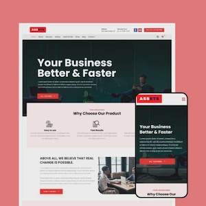 Könnte beinhalten: Ein Website-Design, das auf einem Desktop-Computer und einem Smartphone angezeigt wird. Die Website zeigt den Text "Your Business Better & Faster" und "Why Choose Our Product" auf dunklem Hintergrund. Das Farbschema umfasst rote und weiße Akzente.