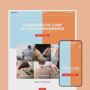 Puede incluir: Una captura de pantalla de un sitio web y un tel&eacute;fono m&oacute;vil que muestra "Chiropractic Care at Your Convenience". El sitio web presenta t&eacute;cnicas quiropr&aacute;cticas. La combinaci&oacute;n de colores incluye azul, naranja y blanco.