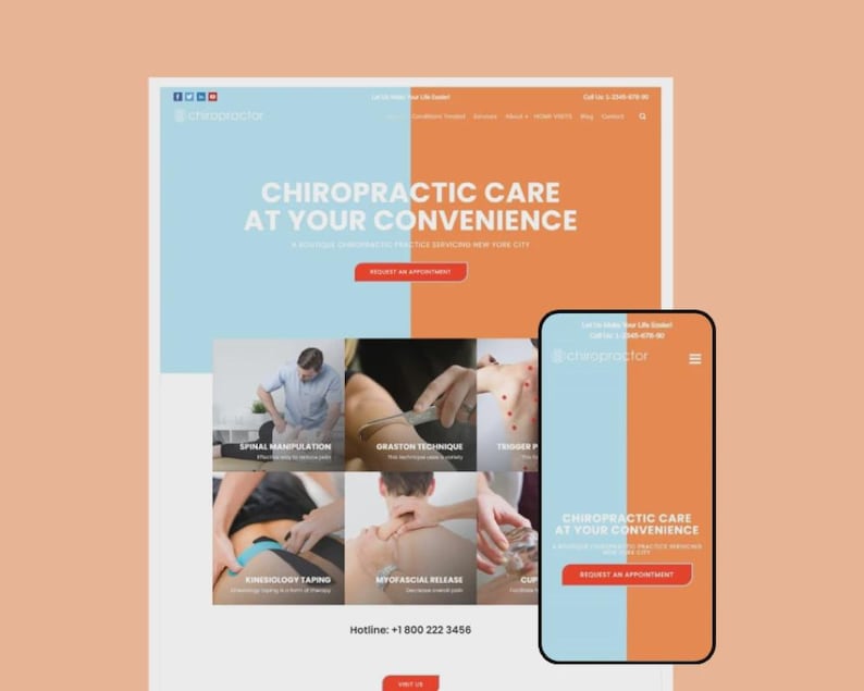Puede incluir: Una captura de pantalla de un sitio web y un tel&eacute;fono m&oacute;vil que muestra "Chiropractic Care at Your Convenience". El sitio web presenta t&eacute;cnicas quiropr&aacute;cticas. La combinaci&oacute;n de colores incluye azul, naranja y blanco.