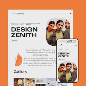 May include: A website design for Design Zenith, featuring a desktop and mobile view. The design includes the company name, "Design Zenith", and the tagline "Your Vision, Our Craft". The website showcases a gallery and a photo of three women.