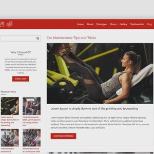 May include: Website screenshot for Gym Club, featuring a red header with navigation links. The main content area displays an article titled "Car Maintenance Tips and Tricks" with an image of a woman exercising. The site includes sections for recent news and a call to action.