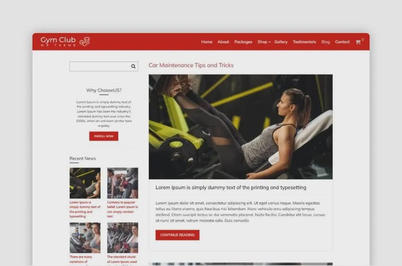 May include: Website screenshot for Gym Club, featuring a red header with navigation links. The main content area displays an article titled "Car Maintenance Tips and Tricks" with an image of a woman exercising. The site includes sections for recent news and a call to action.