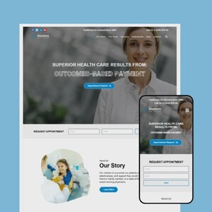 Peut inclure: Maquette d'un site web et d'un smartphone présentant un service de santé. Le site web présente une femme et le texte "SUPERIOR HEALTH CARE RESULTS FROM: OUTCOMES-BASED PAYMENT." Le smartphone affiche une mise en page similaire.