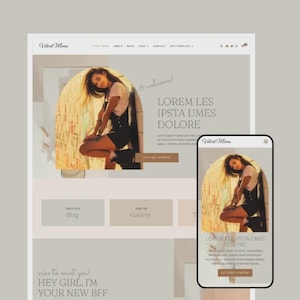 Op de afbeelding: Een website-ontwerpmodel met een model in een witte top en zwarte overalls. De website bevat de tekst "Velvet Mone", "Blog", "Gallery" en "nice to meet you! HEY GIRL, I'M YOUR NEW BFF". Een mobiele telefoon toont het website-ontwerp.