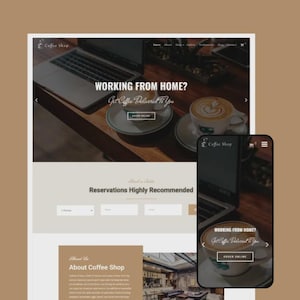 May include: A website design for a coffee shop, featuring a laptop and a smartphone displaying the site. The website promotes online ordering with the text "WORKING FROM HOME? Get Coffee Delivered To You". The design includes coffee cups.