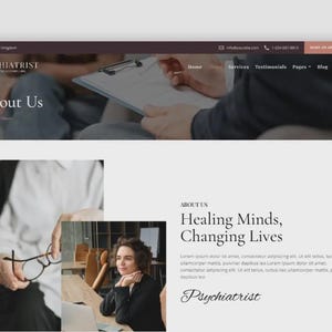 May include: Website screenshot for a psychiatrist's office. The site features the text "About Us" and "Healing Minds, Changing Lives." The color scheme is primarily white, with accents of dark purple and gray. The website includes images of people.