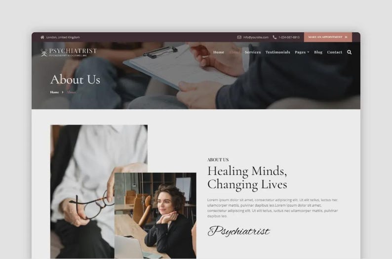 May include: Website screenshot for a psychiatrist's office. The site features the text "About Us" and "Healing Minds, Changing Lives." The color scheme is primarily white, with accents of dark purple and gray. The website includes images of people.