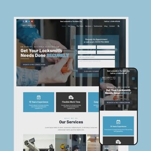 May include: A website design for a locksmith service, displayed on a desktop and a smartphone. The website features the text "Get Your Locksmith Needs Done SECURELY" and a form to request an appointment. The color scheme is blue and white.