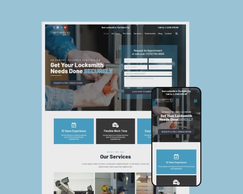 May include: A website design for a locksmith service, displayed on a desktop and a smartphone. The website features the text "Get Your Locksmith Needs Done SECURELY" and a form to request an appointment. The color scheme is blue and white.