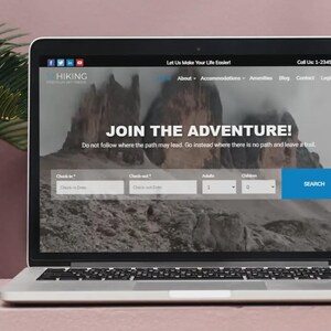 May include: A laptop screen shows a website with the words "JOIN THE ADVENTURE!" over a mountain image. The site has fields for check-in and check-out dates, plus adult and child numbers, and a blue "SEARCH" button.