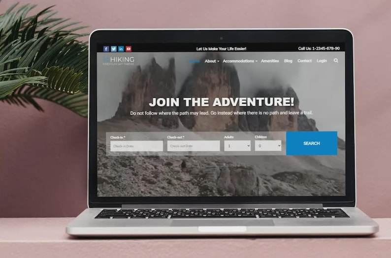May include: A laptop screen shows a website with the words "JOIN THE ADVENTURE!" over a mountain image. The site has fields for check-in and check-out dates, plus adult and child numbers, and a blue "SEARCH" button.
