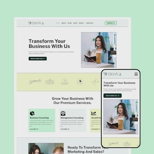 Könnte beinhalten: Ein Website-Design mit dem Text "FINOVA" und "Transformieren Sie Ihr Unternehmen mit uns". Ein Mobiltelefon zeigt dieselbe Website an. Die Website enthält Abschnitte für Unternehmensberatung, Managementberatung und Wachstum.