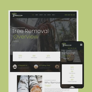 Può includere: Un design del sito web per Timbercut Pro, con una panoramica della rimozione degli alberi. Il design include una vista desktop e una vista mobile, entrambe con il logo dell'azienda, le informazioni di contatto e i dettagli del servizio. La combinazione di colori è principalmente verde e nero.