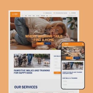 Op de afbeelding: Website-ontwerp voor een hondenservice, weergegeven op een desktop en een mobiele telefoon. De website bevat de tekst "WELCOME WHERE WAGGING TAILS FIND A HOME" en "PAWSITIVE WALKS AND TRAINING FOR HAPPY DOGS."