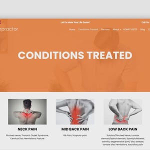 Puede incluir: Dise&ntilde;o de sitio web para un quiropr&aacute;ctico, con un encabezado naranja con el texto "CONDICIONES TRATADAS" en blanco. Debajo hay im&aacute;genes y descripciones de dolor de cuello, espalda media y baja, con condiciones asociadas.