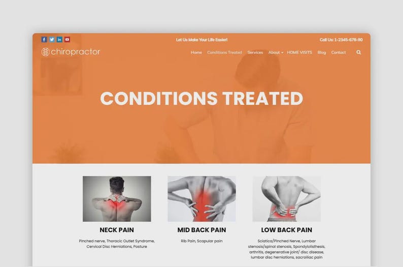 Puede incluir: Dise&ntilde;o de sitio web para un quiropr&aacute;ctico, con un encabezado naranja con el texto "CONDICIONES TRATADAS" en blanco. Debajo hay im&aacute;genes y descripciones de dolor de cuello, espalda media y baja, con condiciones asociadas.
