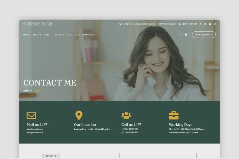 May include: A website design for a business coach, featuring a woman on the phone. The site includes navigation links, contact information, and the text "CONTACT ME." The color scheme is primarily green and white.