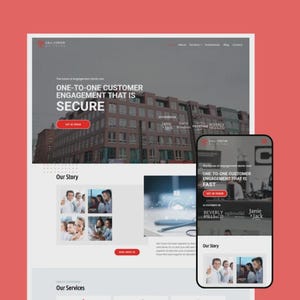 Peut inclure: Une conception de site web affichée sur un ordinateur de bureau et un smartphone. Le site web affiche le texte "ONE-TO-ONE CUSTOMER ENGAGEMENT THAT IS SECURE" et "ONE-TO-ONE CUSTOMER ENGAGEMENT THAT IS FAST". Le fond est rouge.