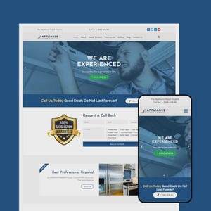 Può includere: Design del sito web per un servizio di riparazione di elettrodomestici, visualizzato su un desktop e un telefono cellulare. Il sito utilizza una combinazione di colori blu e bianco e include il testo "WE ARE EXPERIENCED" e un numero di telefono. È visibile anche uno scudo dorato con "100% SODDISFAZIONE GARANTITA".