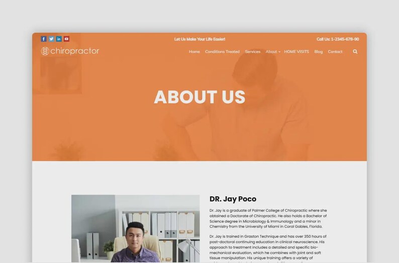 Puede incluir: Una captura de pantalla de un sitio web con un encabezado naranja y un fondo blanco. El encabezado incluye la palabra "chiropractor" e iconos de redes sociales. La secci&oacute;n principal dice "ABOUT US" en letras blancas grandes. Debajo hay una foto de un hombre.
