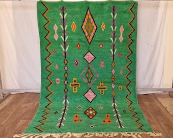 Moroccan Azilal Rug – Handmade Wool Carpet in Green with Berber Tribal Patterns, Authentic Boho Area Rug.