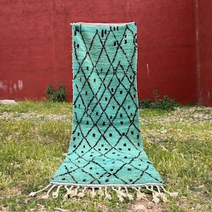 Peut inclure: Tapis rectangulaire turquoise avec un motif de losanges noirs et des points noirs. Le tapis a une frange en bas et est présenté à l'extérieur contre un mur rouge et de l'herbe verte.