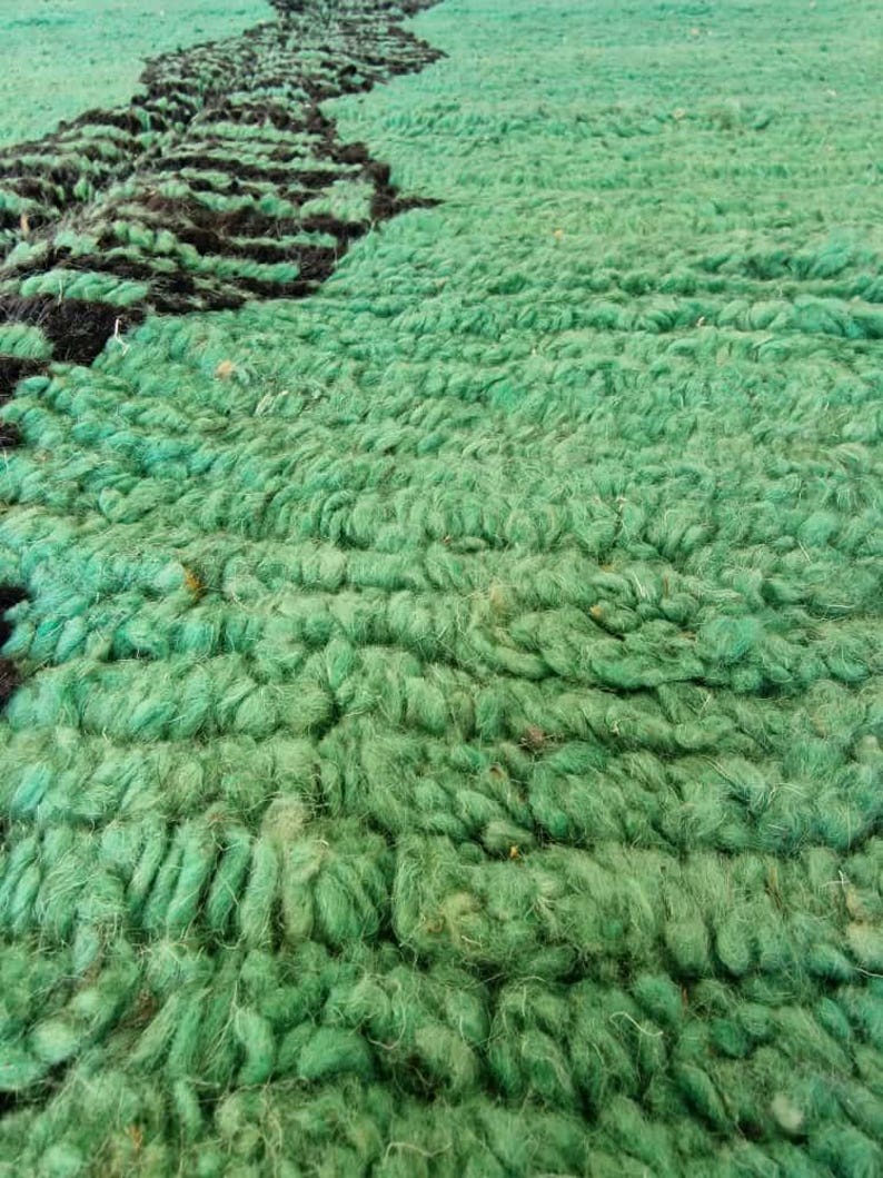 May include: Close-up of a green and black textured rug. The rug has a shaggy pile, with a vibrant green field and a dark, almost black, linear design running across it. The texture appears soft and plush.
